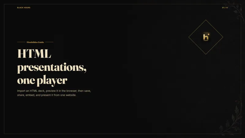 Black Hours — AI HTML presentation template preview