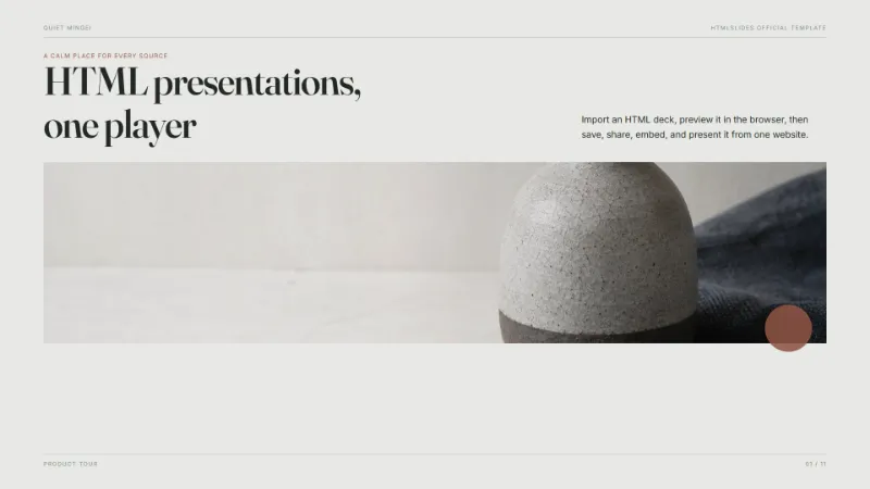 Quiet Mingei — AI HTML presentation template preview