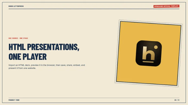 Rodeo Letterpress — AI HTML presentation template preview